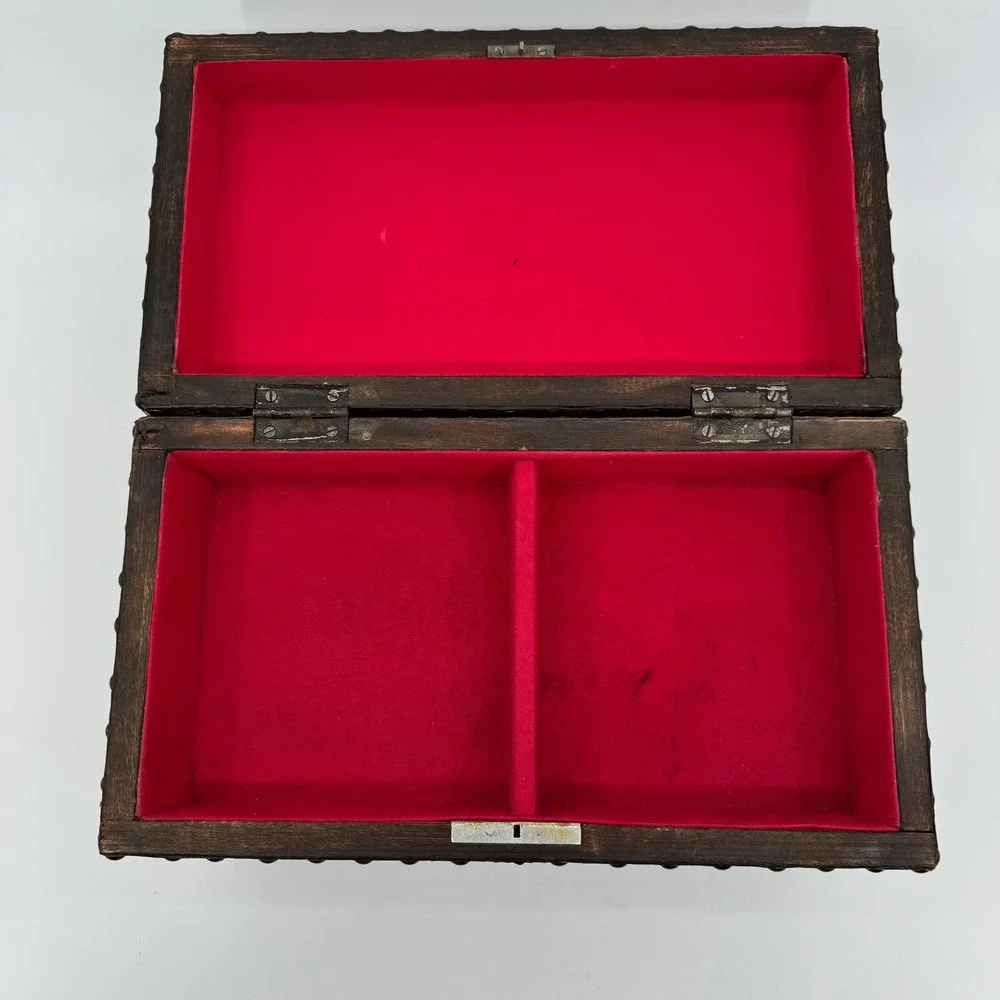 Vtg Leather Wood Jewelry Box Chest Trunk Old World Map Studded Nailhead Drawer